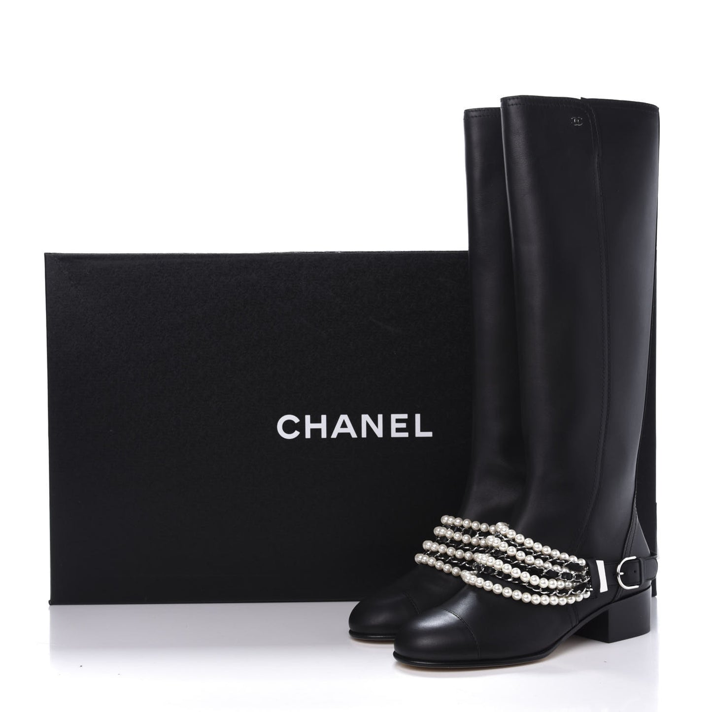 Calfskin Pearl Cap Toe High Boots 39 Black