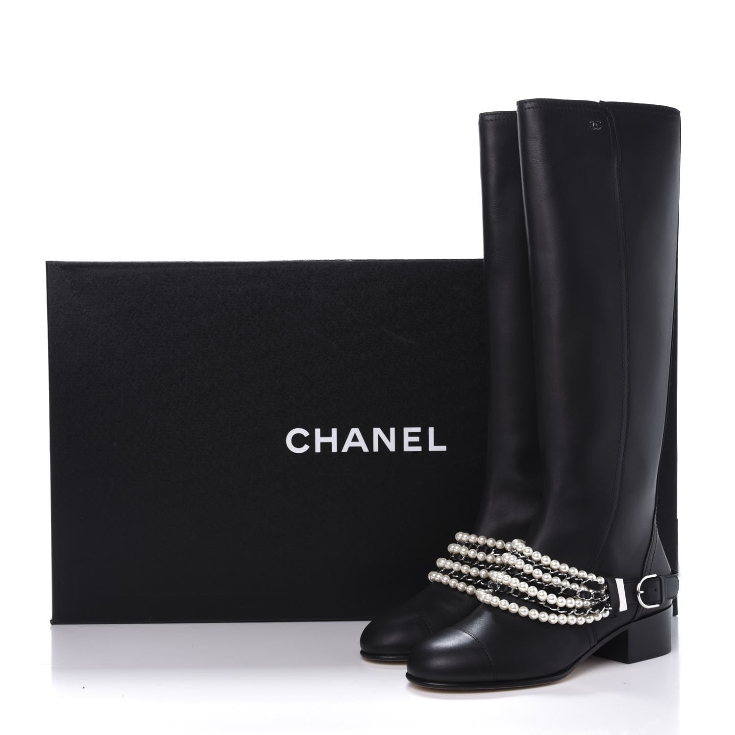 Chanel Calfskin Pearl Cap Toe High Boots 39 Black 10 of 10