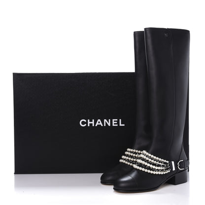 Chanel Calfskin Pearl Cap Toe High Boots 39 Black 10 of 10