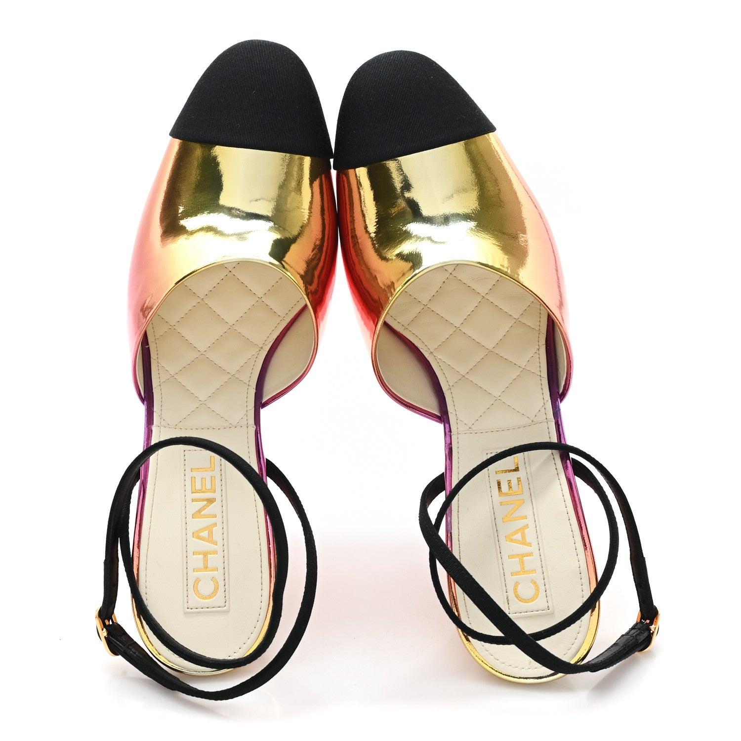 Chanel Laminated Calfskin Grosgrain Cap Toe CC Wedge Pumps 40 Pink Orange Yellow Black 2 of 10