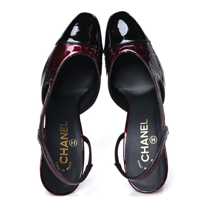 Chanel Crocodile Embossed Patent CC Cap Toe CC Slingback Pumps 38 Dark Burgundy 2 of 11