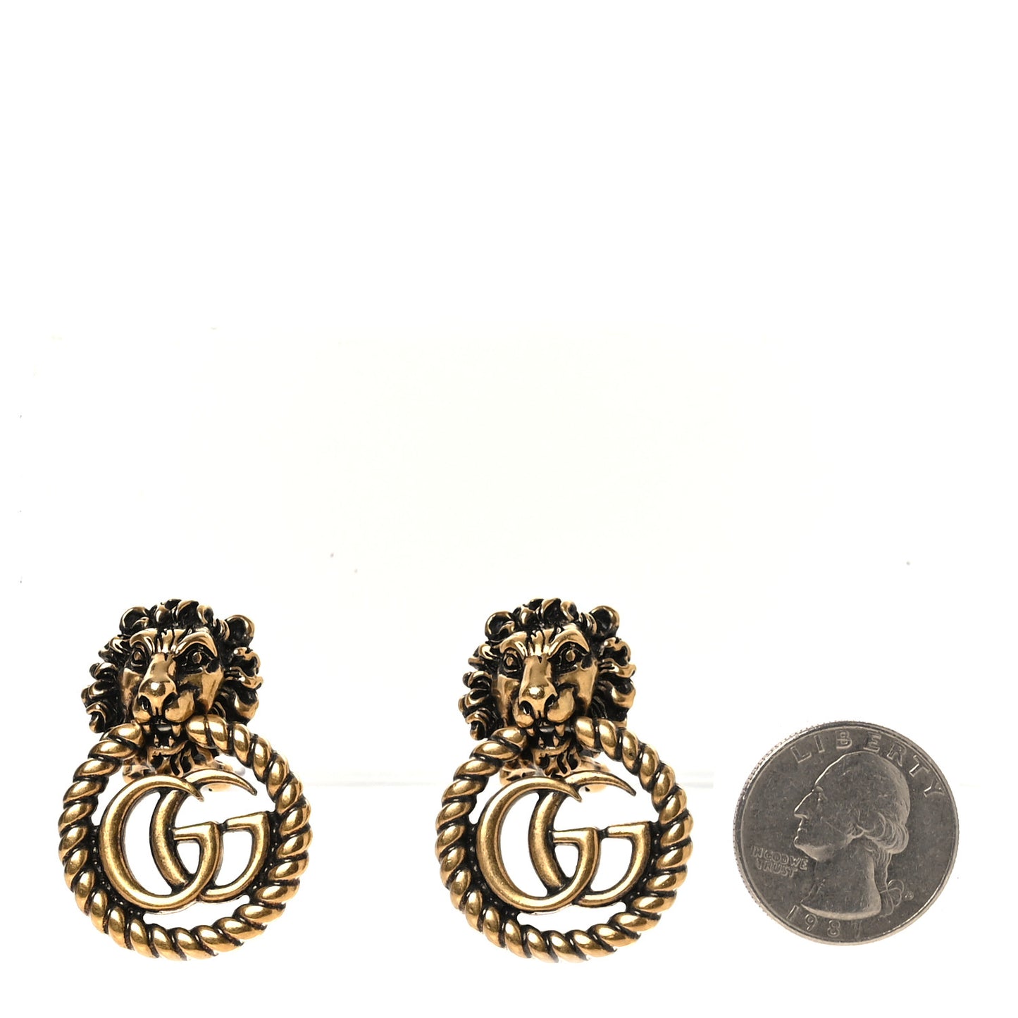 Metal Double G Lion Head Clip On Earrings Aged Gold