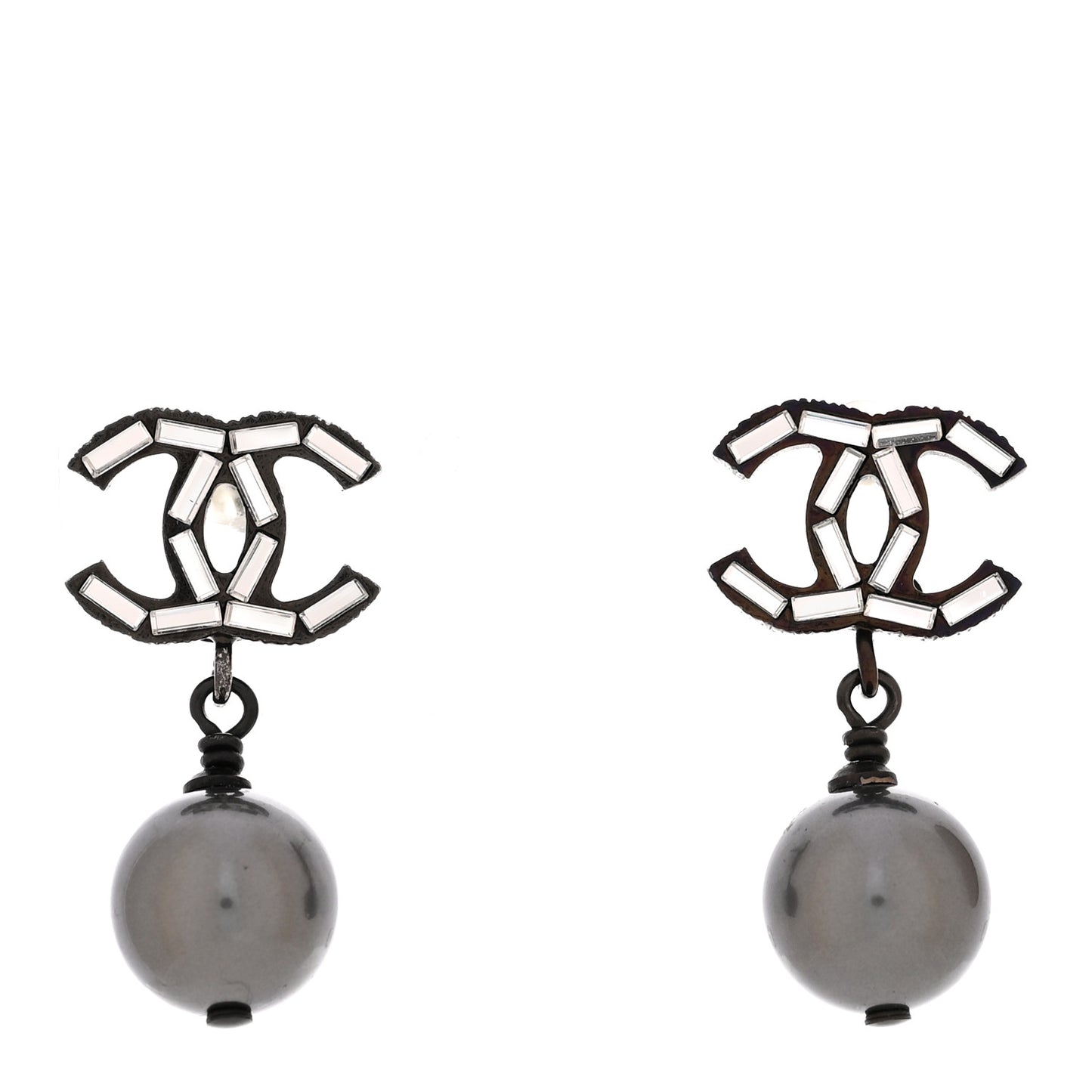Ruthenium Pearl Crystal Baguette CC Drop Earrings Silver Grey