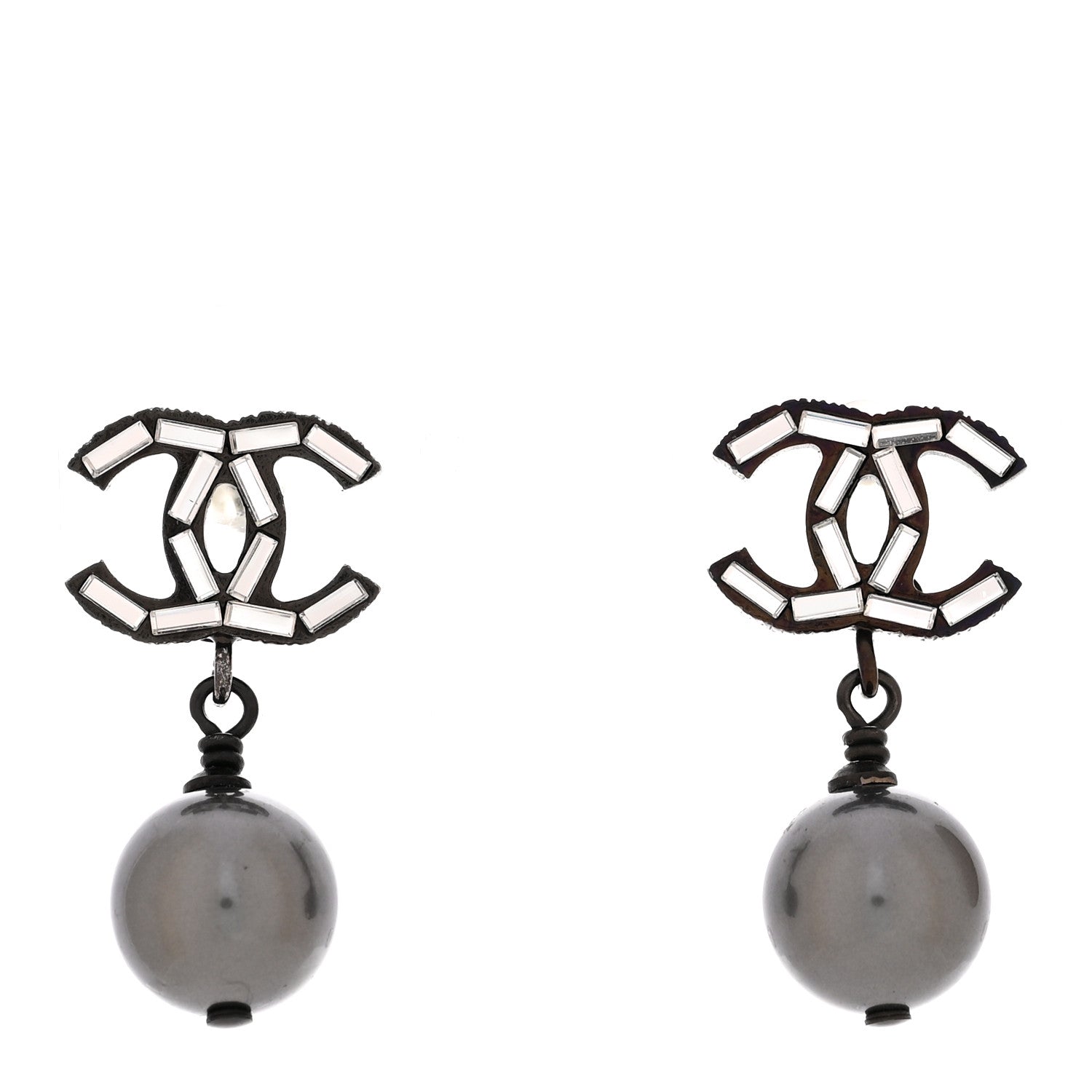 Chanel Ruthenium Pearl Crystal Baguette CC Drop Earrings Silver Grey 1 of 5