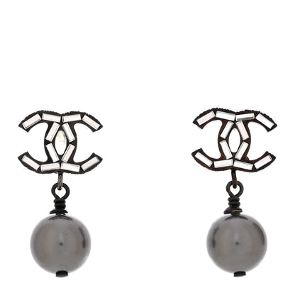 Chanel Ruthenium Pearl Crystal Baguette CC Drop Earrings Silver Grey 1 of 5
