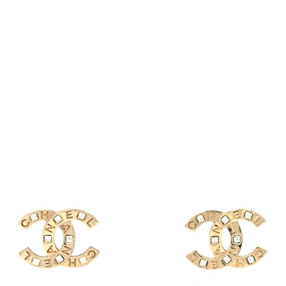 Chanel Crystal Metal CC Paris Button Stud Earrings Gold 1 of 4
