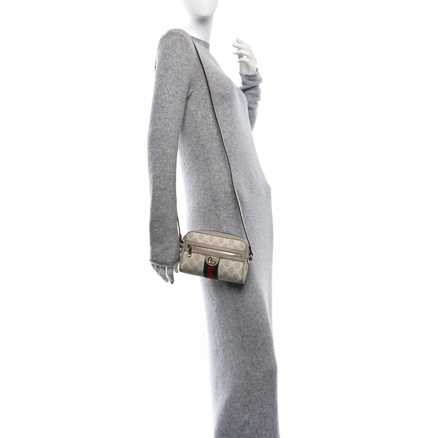 GG Supreme Monogram Textured Dollar Calfskin Mini Ophidia Shoulder Bag Beige Mystic White Oatmeal