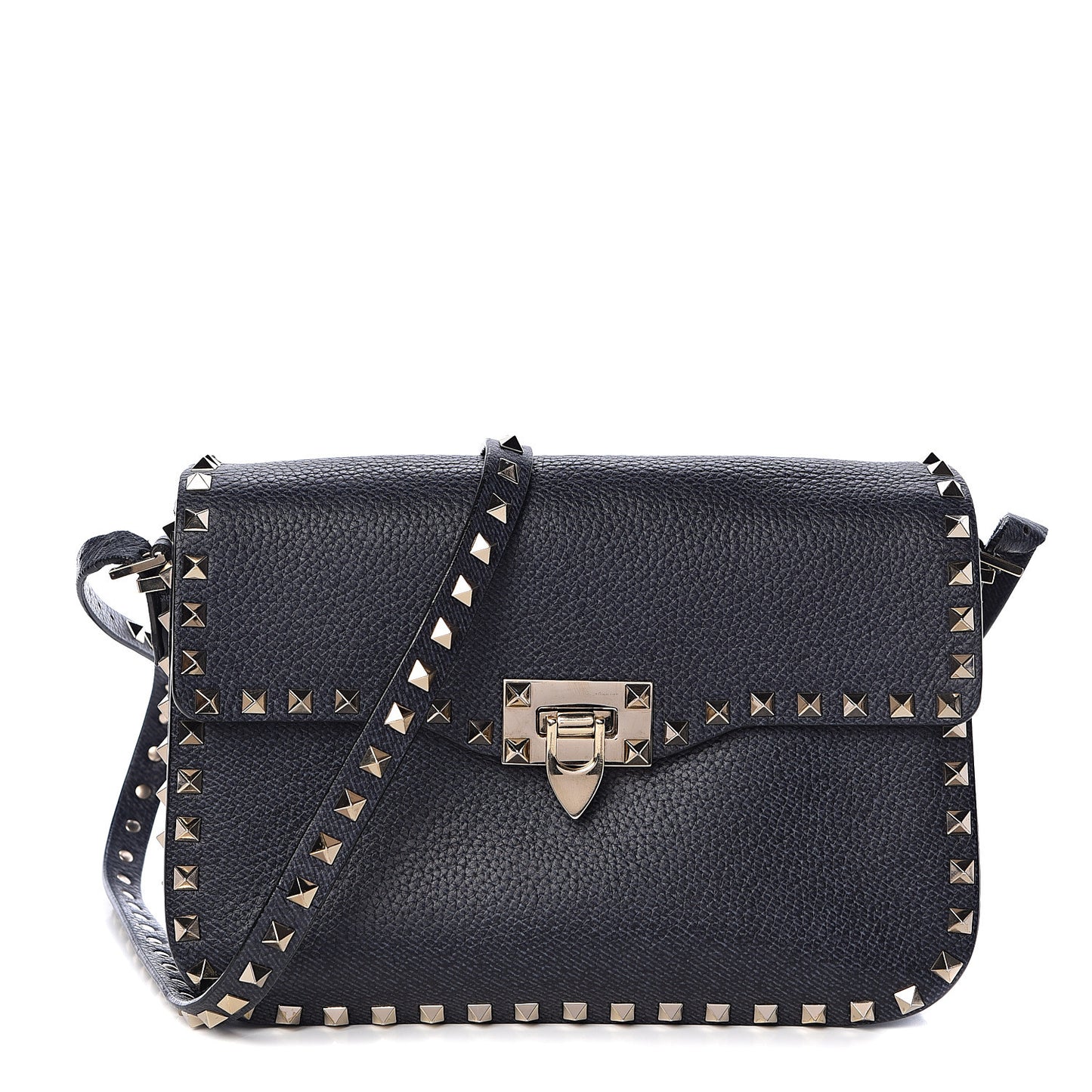 Pebbled Calfskin Medium Rockstud Flap Saddle Bag Deep Denim