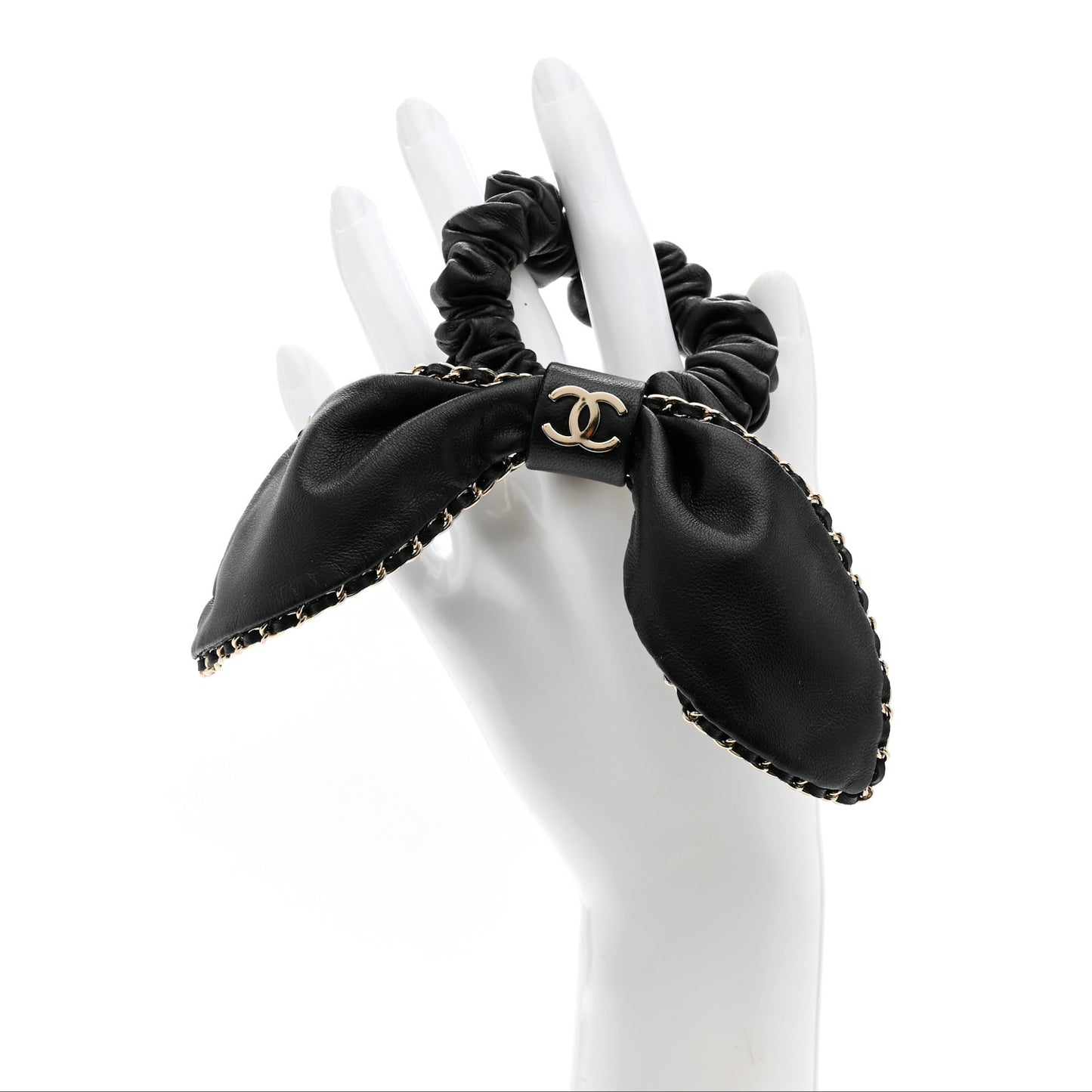 Lambskin Chain CC Bow Hair Scrunchie Black