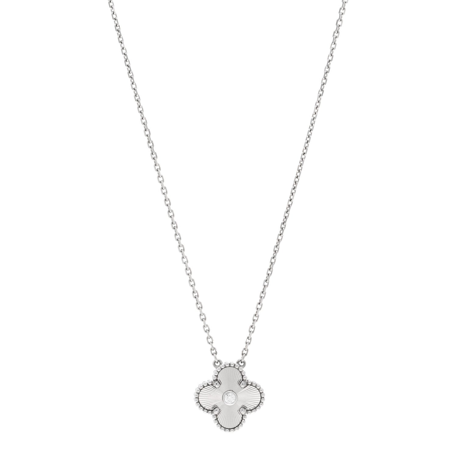Van Cleef & Arpels 18K White Gold Diamond Guilloche Vintage Alhambra Pendant Necklace 1 of 6