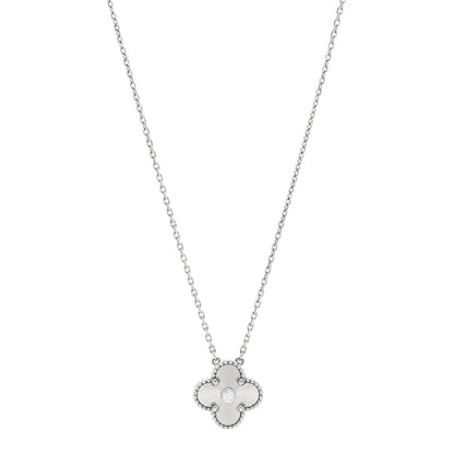 Van Cleef & Arpels 18K White Gold Diamond Guilloche Vintage Alhambra Pendant Necklace 1 of 6
