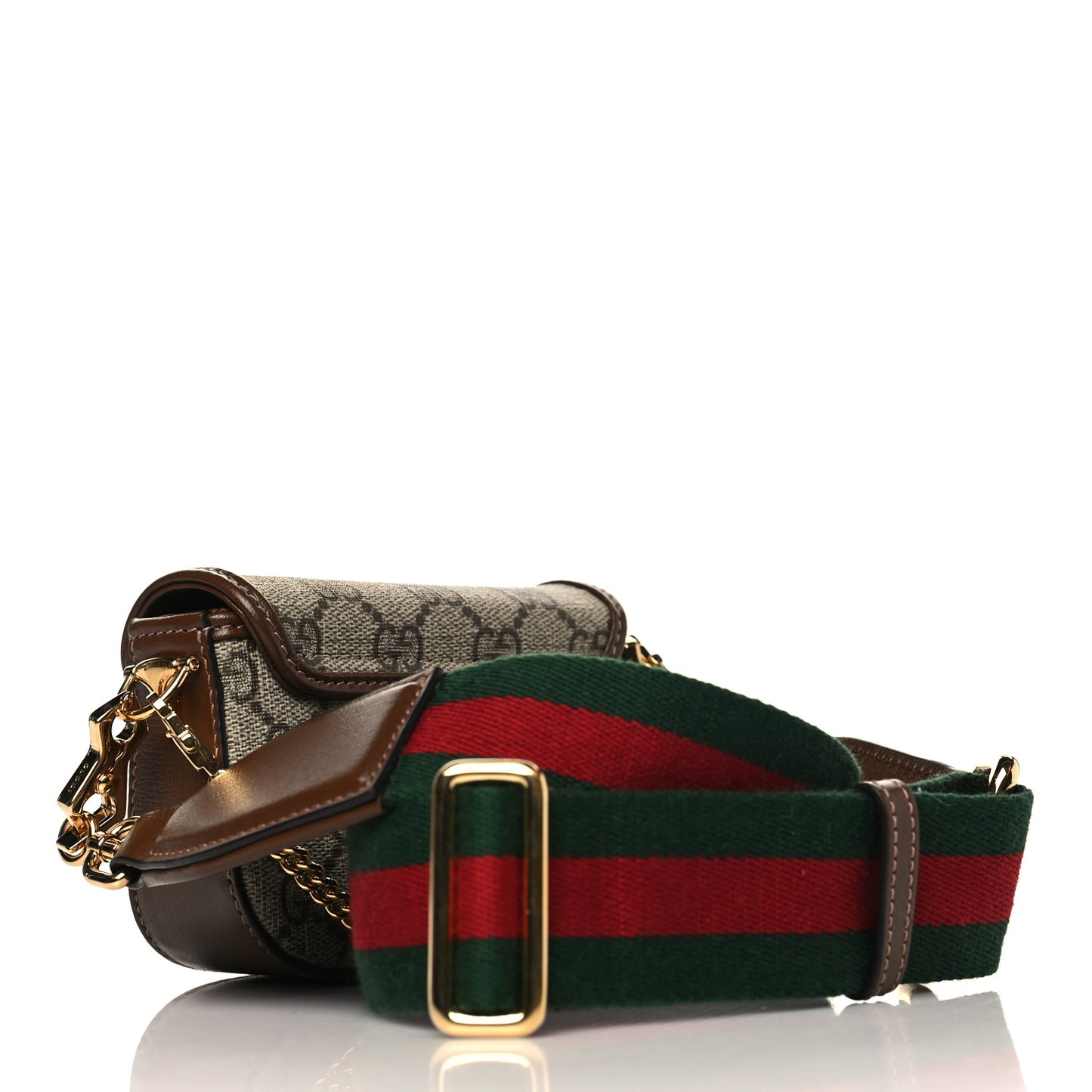 GG Supreme Monogram Azalea Calfskin Web Horsebit 1955 Wallet On Strap Beige Ebony Brown Sugar