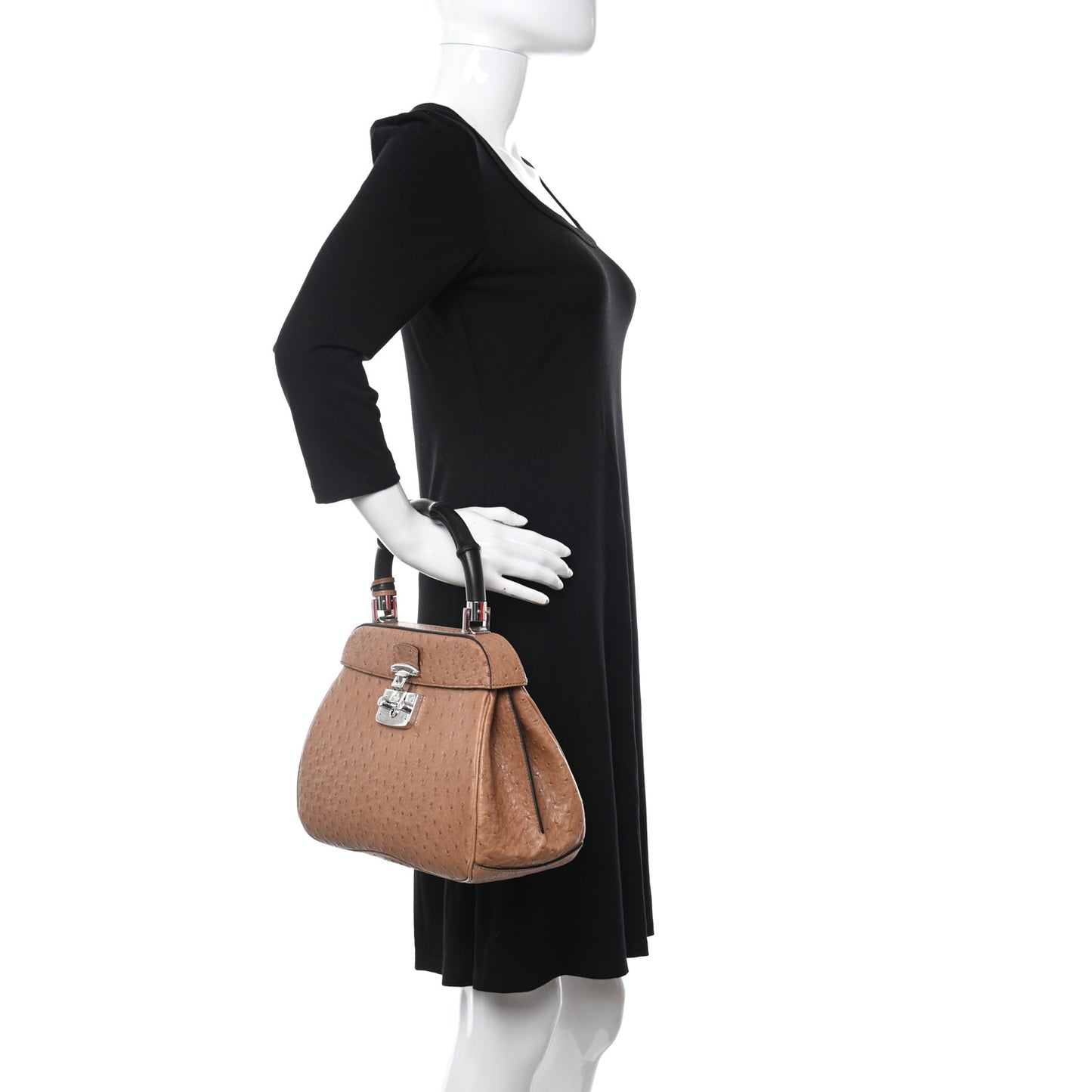 Ostrich Bamboo Medium Lady Lock Top Handle Bag Tan