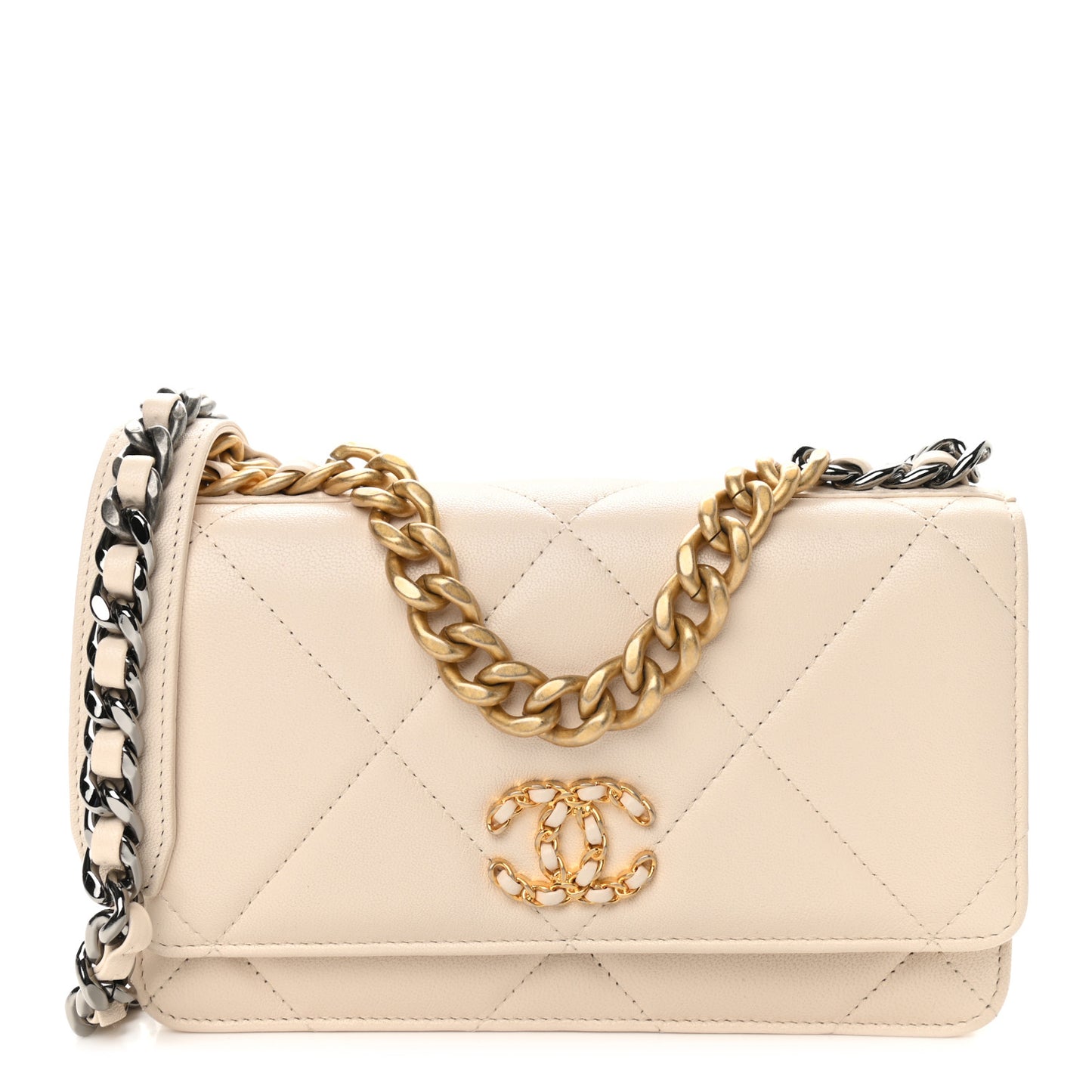 Goatskin Quilted Chanel 19 Wallet On Chain WOC Light Beige