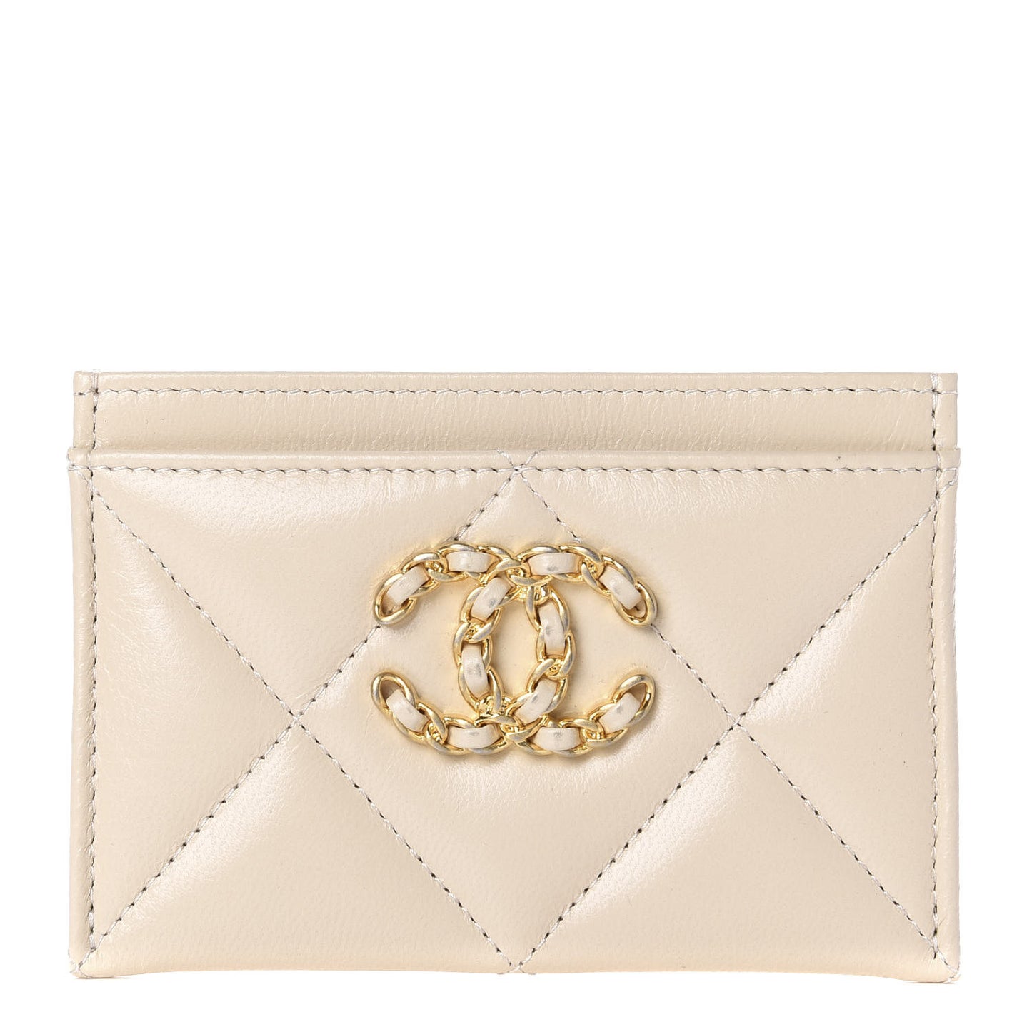 Shiny Goatskin Quilted Chanel 19 Card Holder Beige