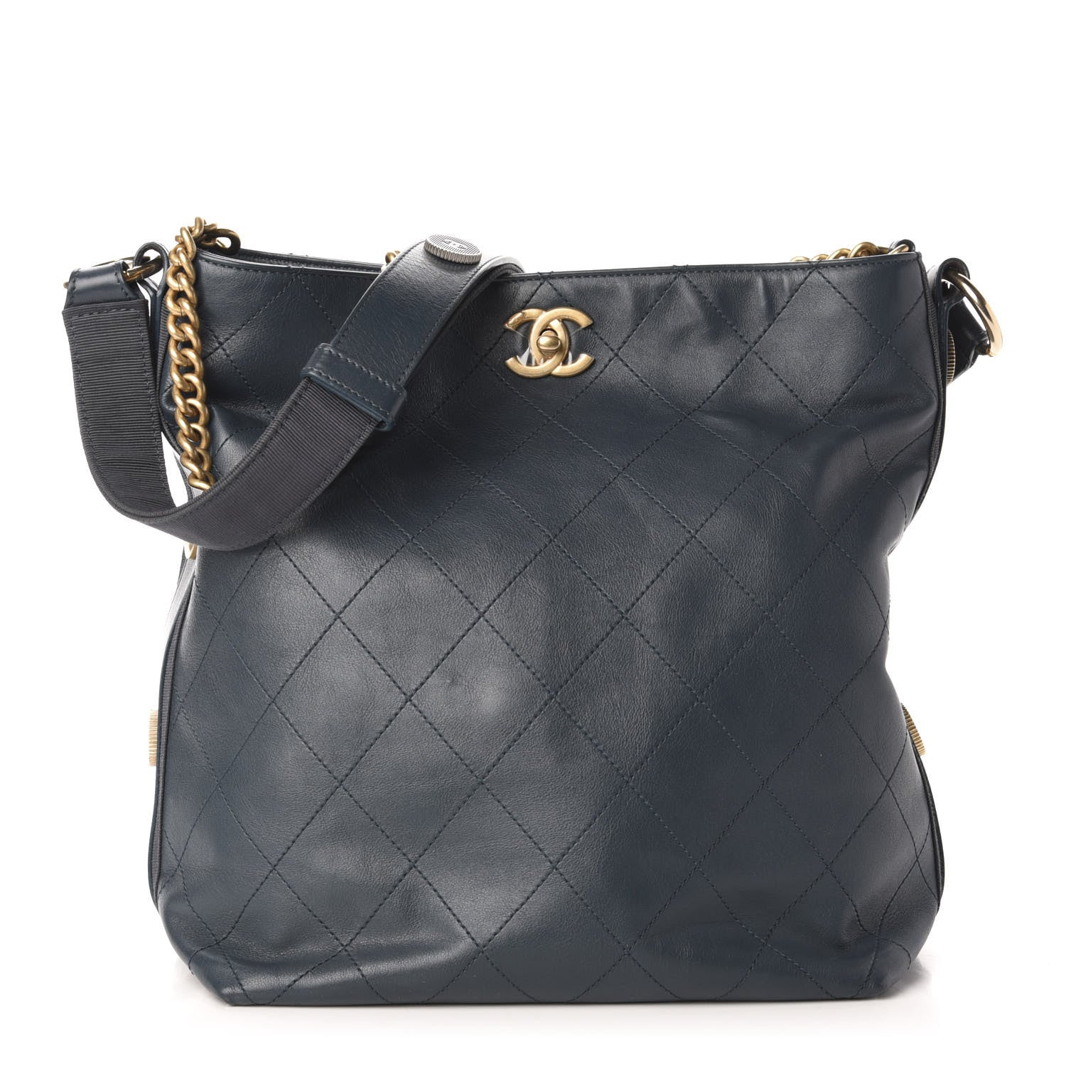 Chanel Calfskin Stitched Large Button Up Hobo Dark Blue 1 of 10