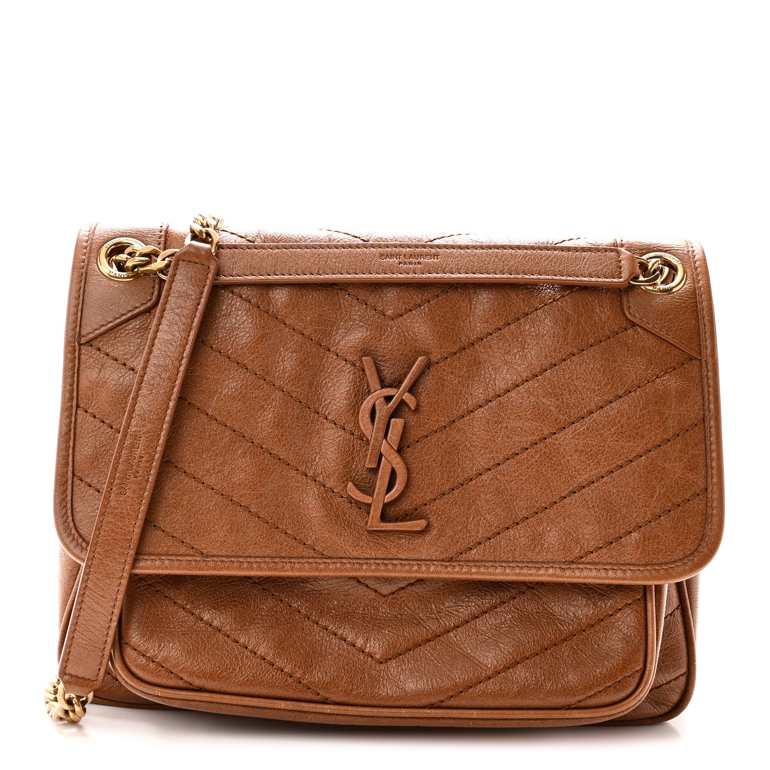 Saint Laurent Crinkled Calfskin Matelasse Monogram Medium Niki Chain Satchel Caramel 1 of 10
