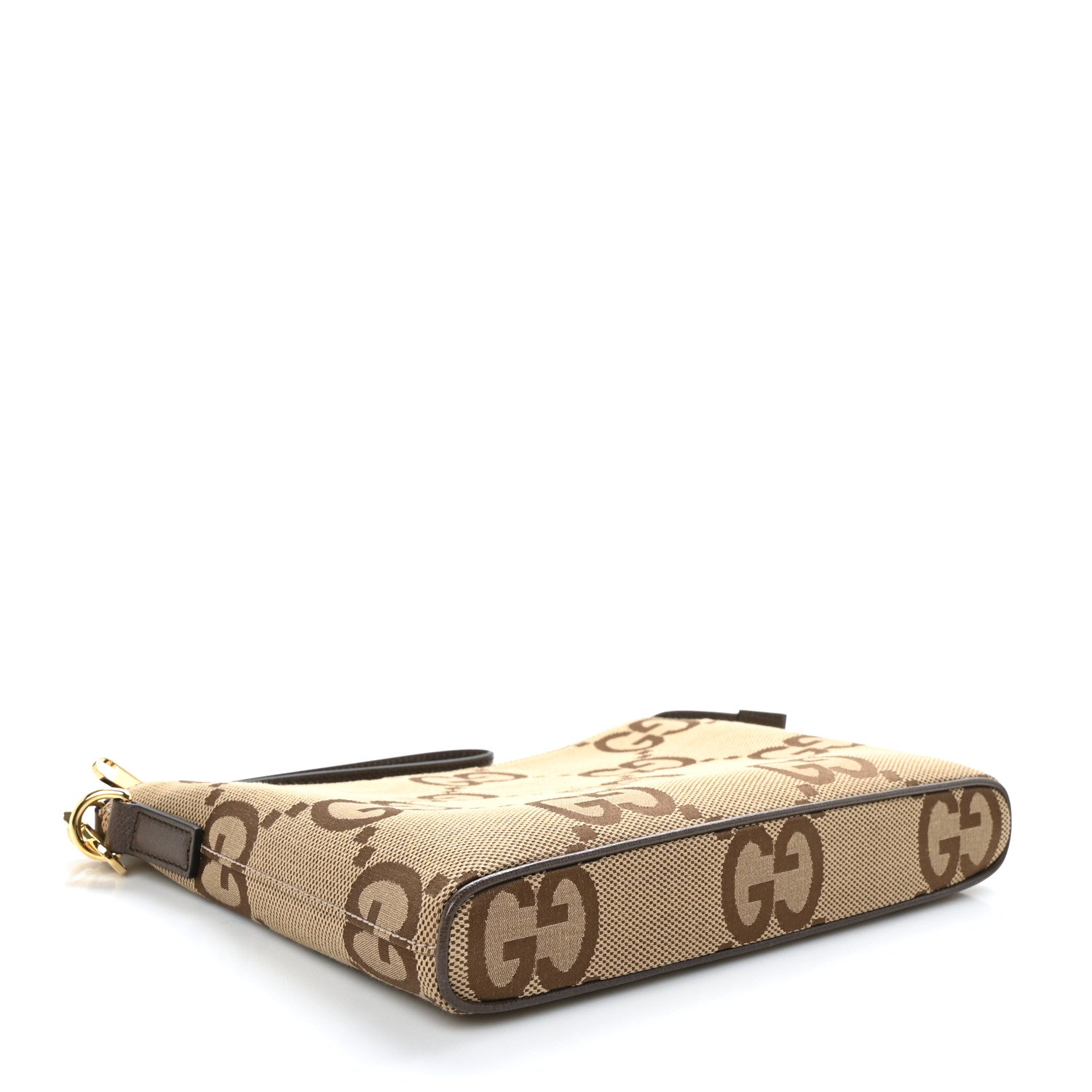 Gucci Monogram Jumbo GG Textured Dollar Calfskin Web Wristlet Messenger Bag Camel Ebony New Acero 4 of 9