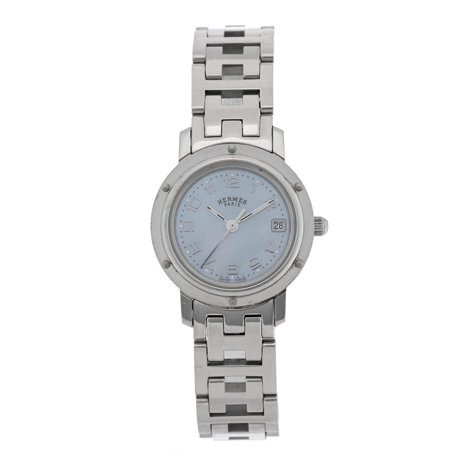 Hermes Stainless Steel Blue Mother of Pearl 24mm Clipper Quartz Watch 1 of 4