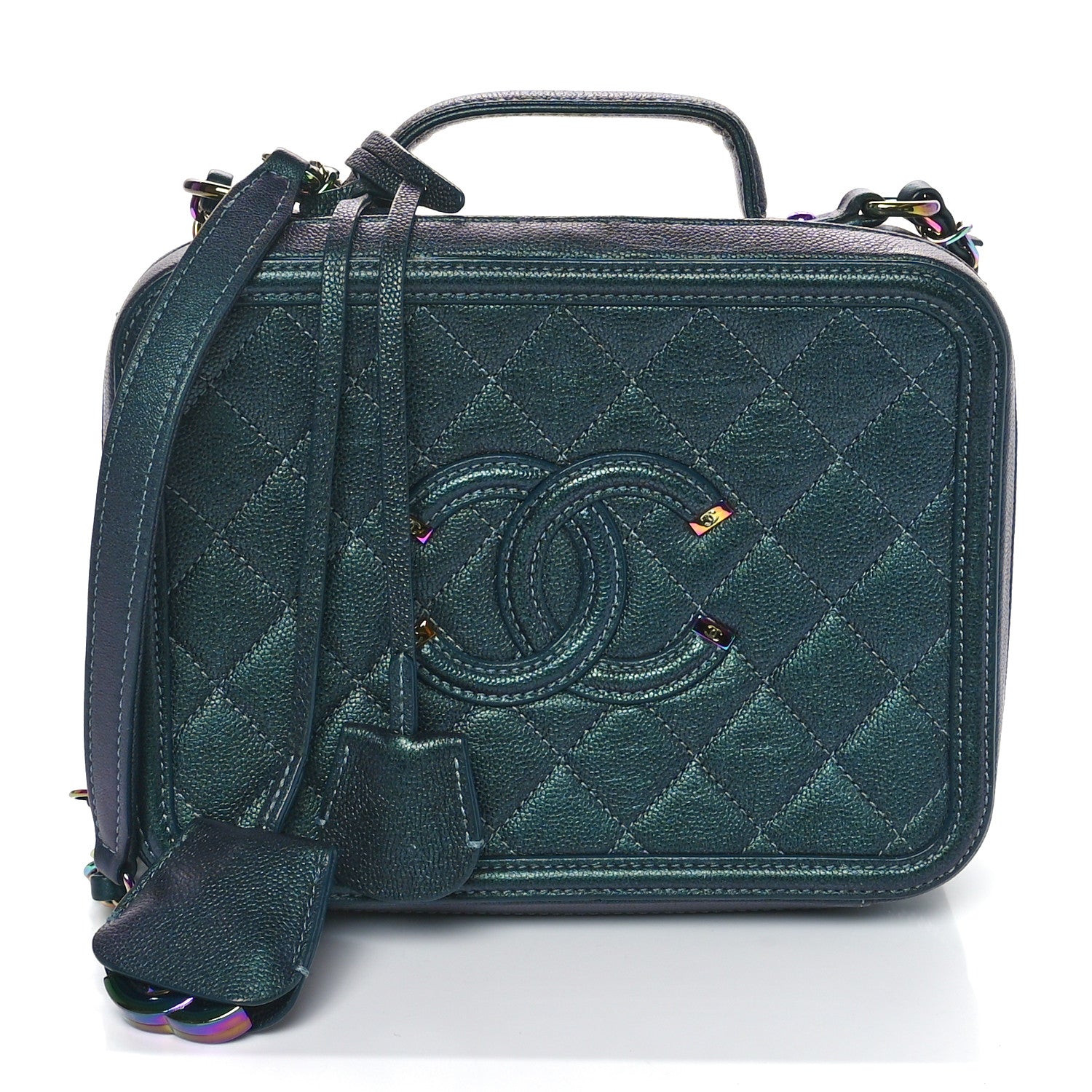 Chanel Iridescent Caviar Quilted Medium CC Filigree Vanity Case Dark Turquoise 1 of 11