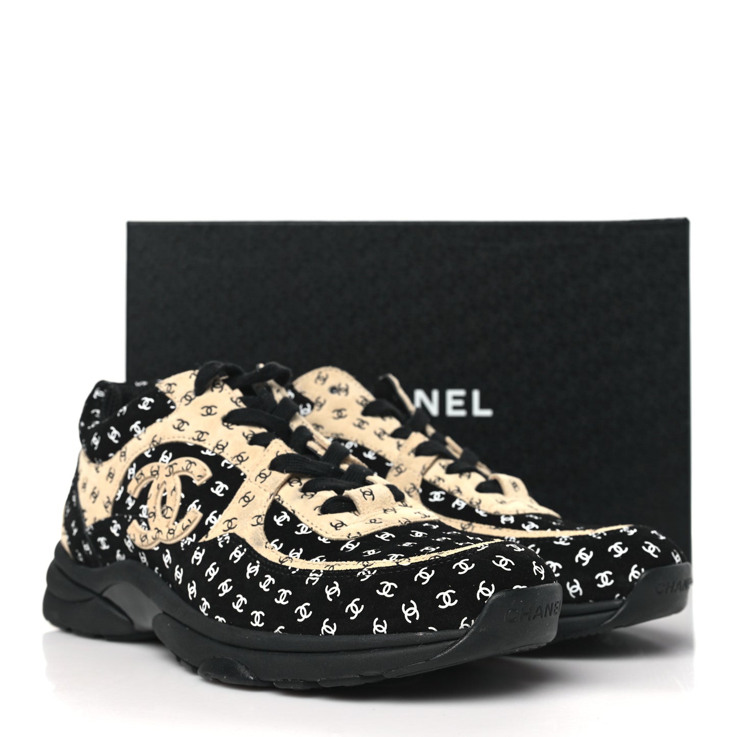 Nylon Suede Calfskin Printed CC Sneakers 41.5 Black Beige
