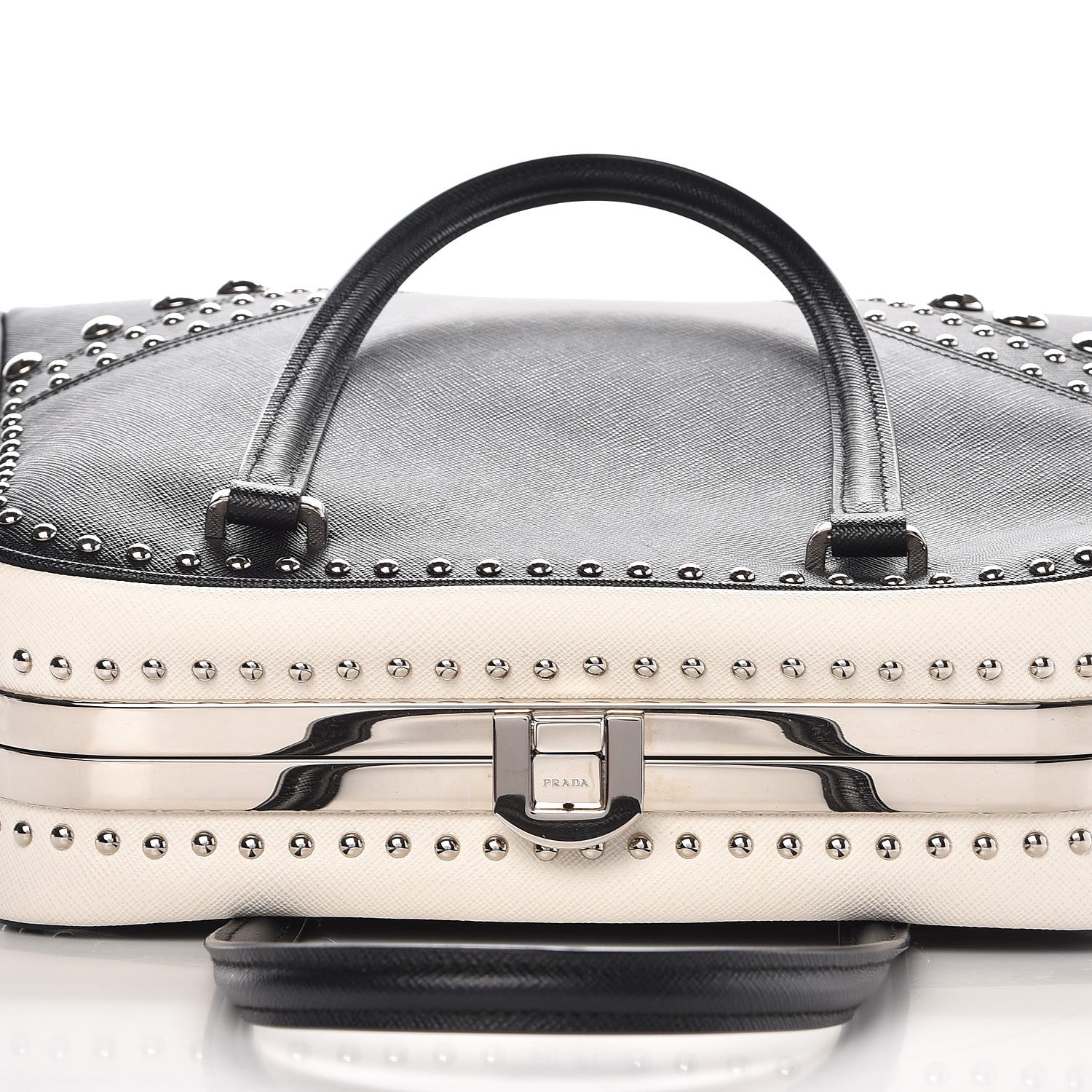 Prada Saffiano Studded Pyramid Bag Black White 9 of 9