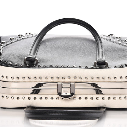 Prada Saffiano Studded Pyramid Bag Black White 9 of 9