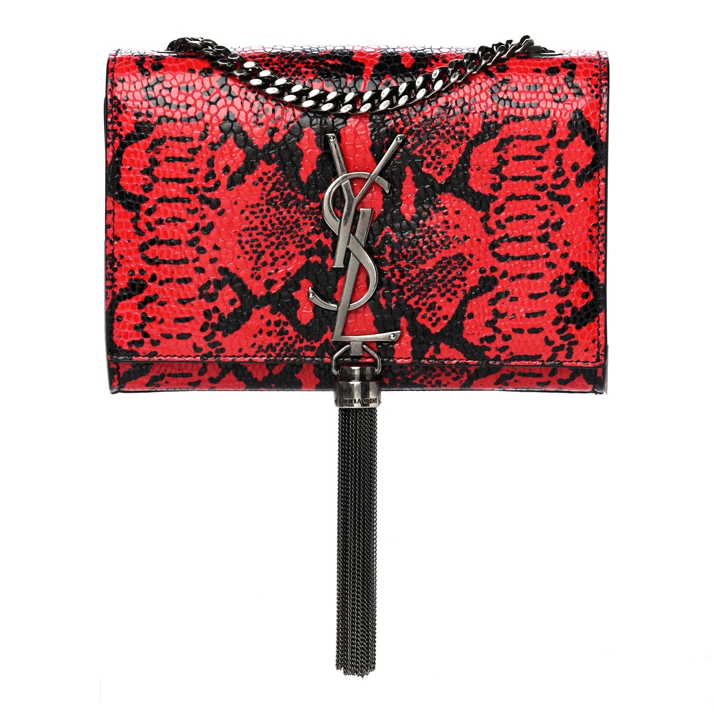 Calfskin Snakeskin Embossed Small Classic Monogram Kate Tassel Satchel Red Black