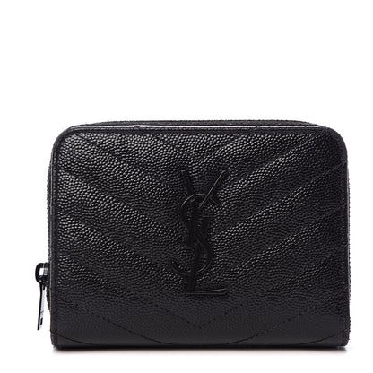 Saint Laurent Grain De Poudre Matelasse Chevron Monogram Compact Zip Around Wallet Black 1 of 11
