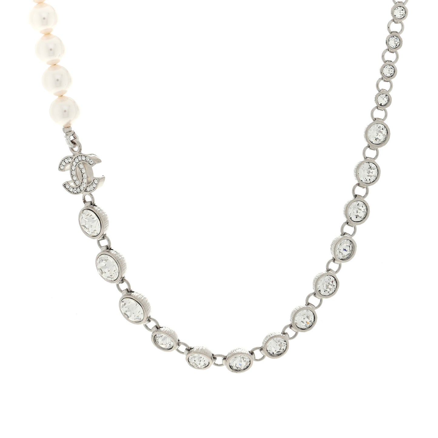 Pearl Crystal CC Choker Necklace Silver