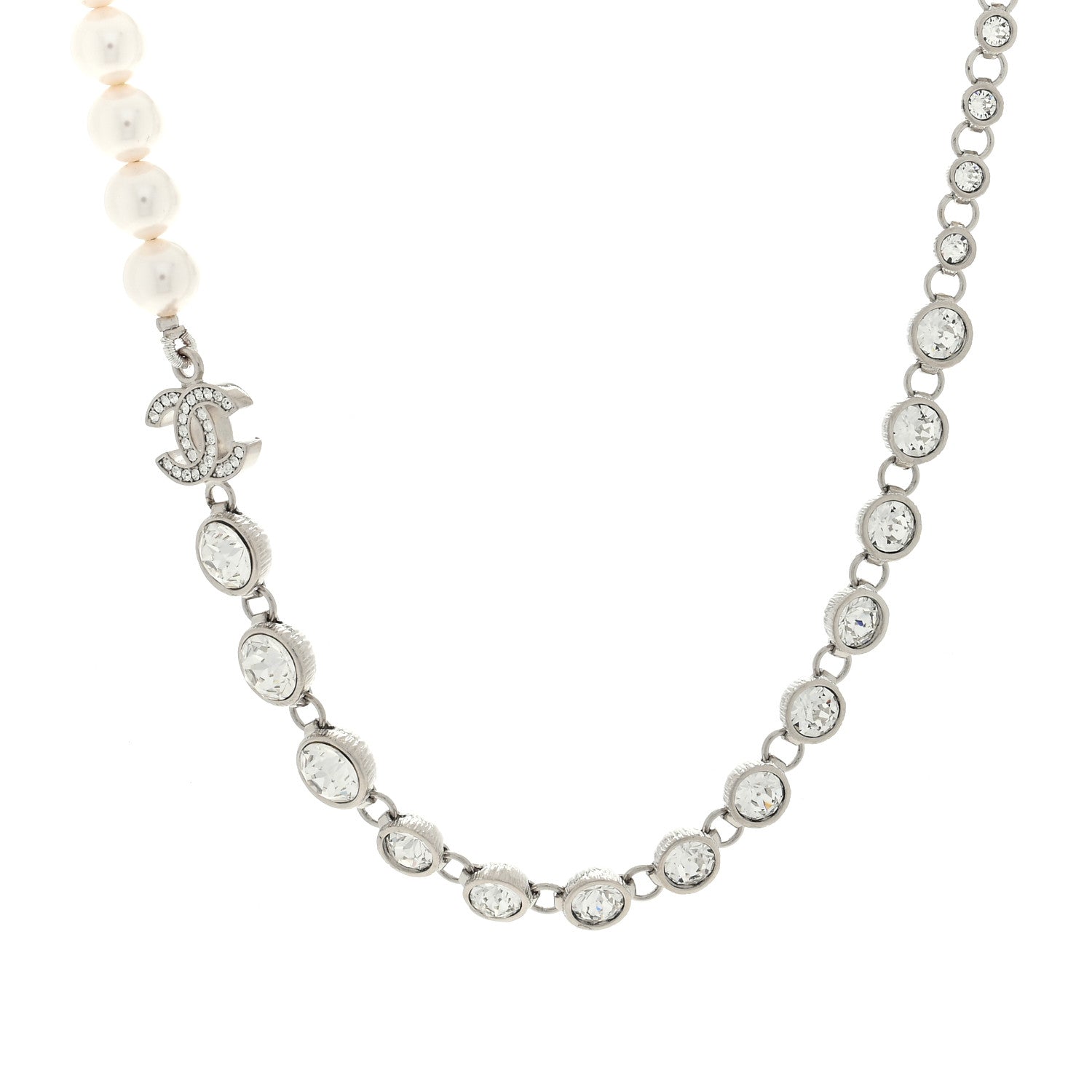 Chanel Pearl Crystal CC Choker Necklace Silver 1 of 4