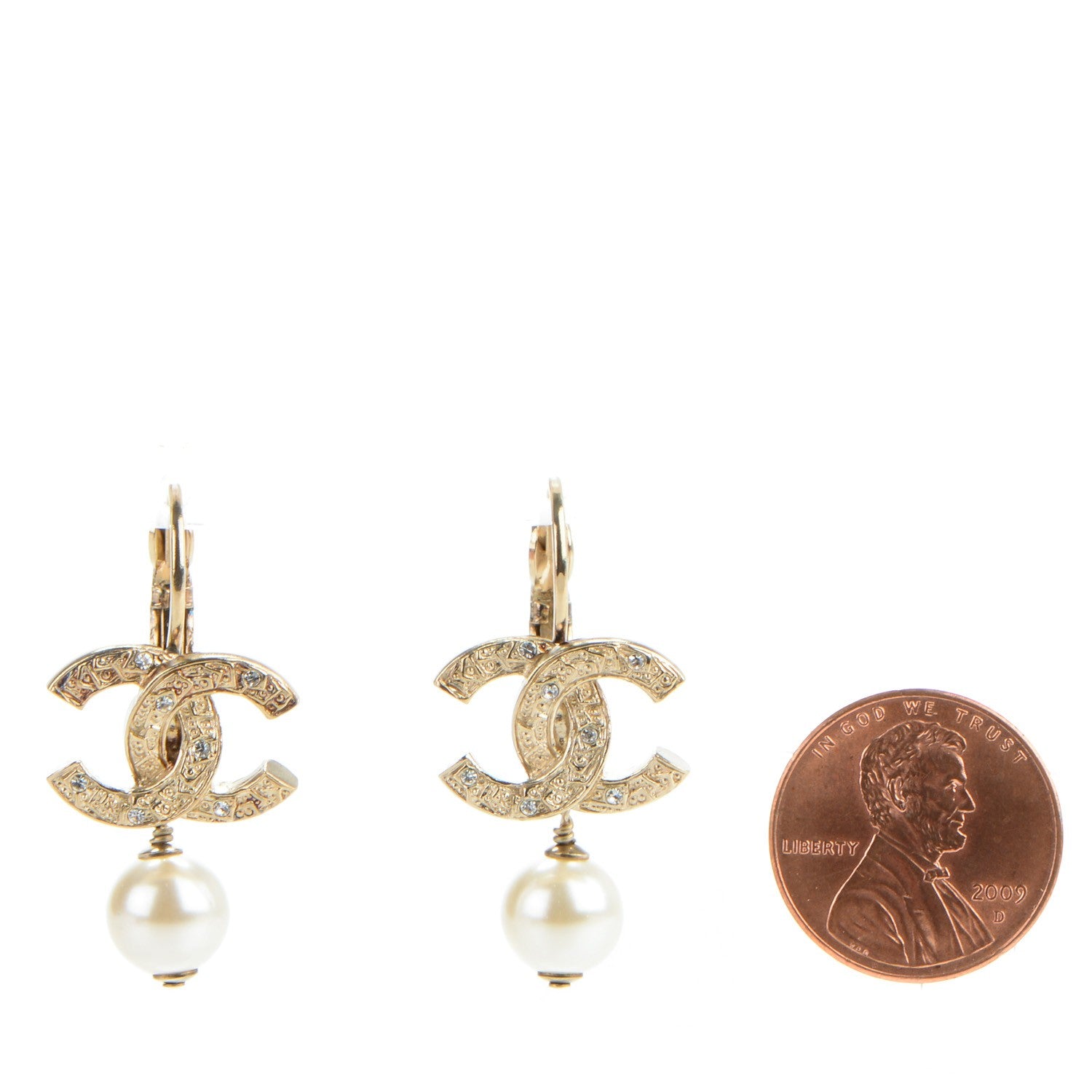 Chanel Pearl Crystal CC Drop Earrings Gold 2 of 5