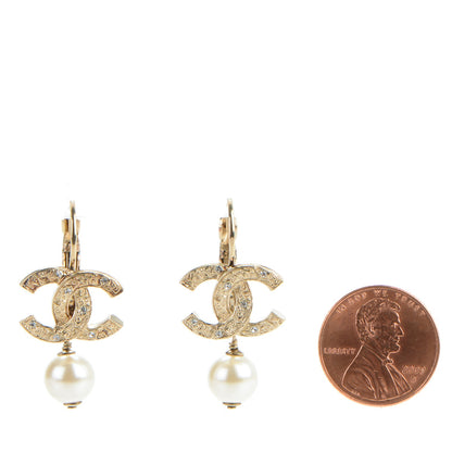 Chanel Pearl Crystal CC Drop Earrings Gold 2 of 5