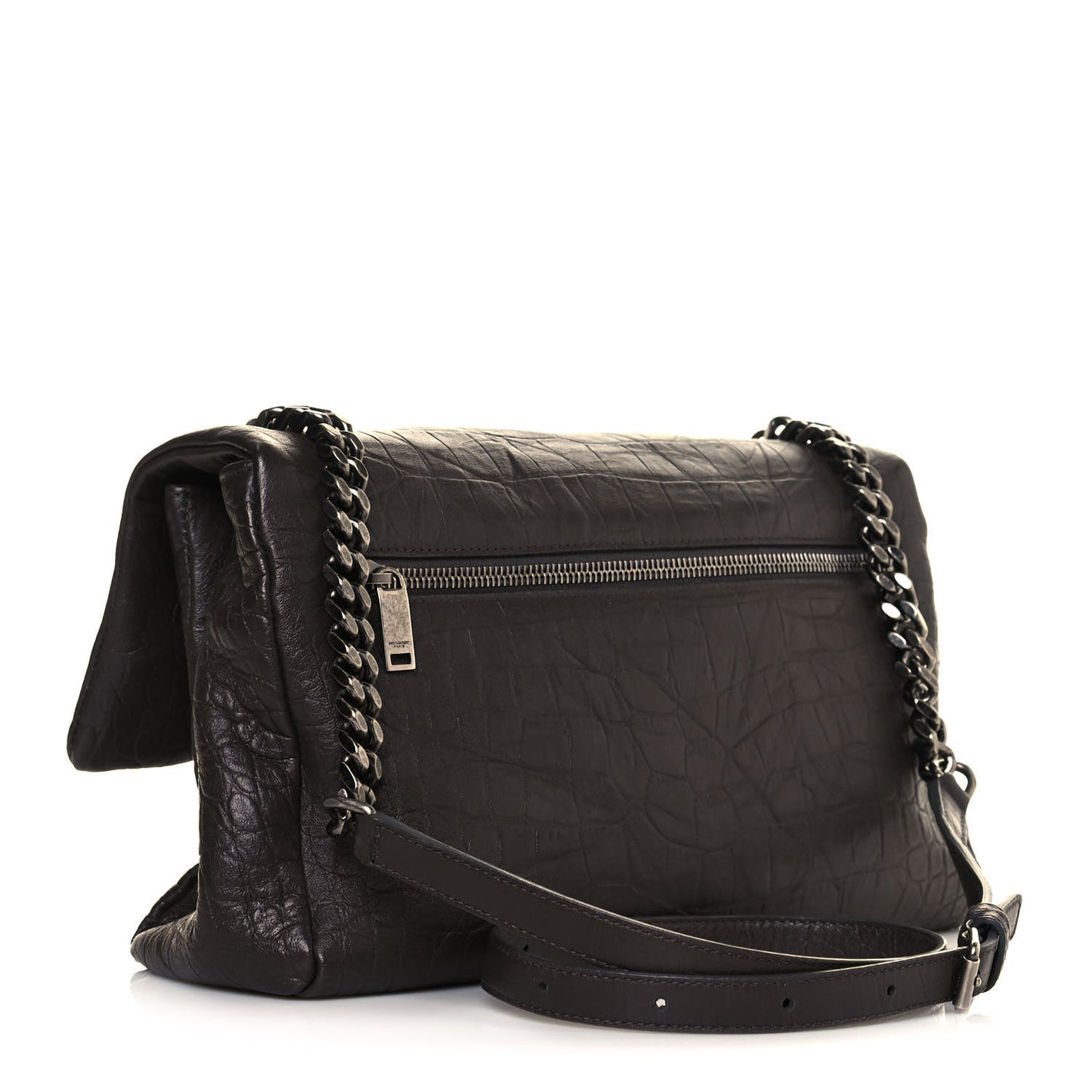 Calfskin Crocodile Embossed Medium West Hollywood Monogram Fold-Over Grey
