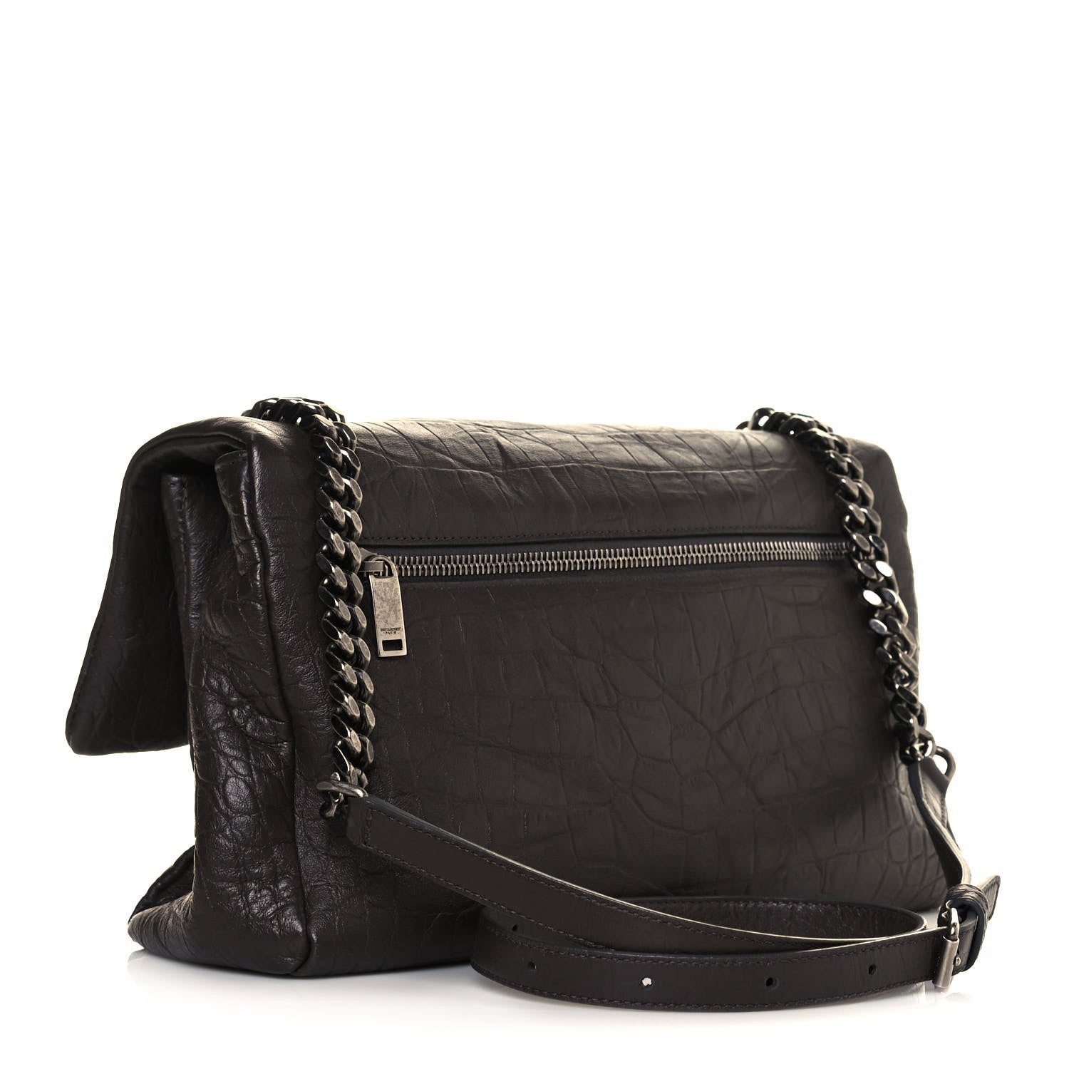Saint Laurent Calfskin Crocodile Embossed Medium West Hollywood Monogram Fold-Over Grey 3 of 17