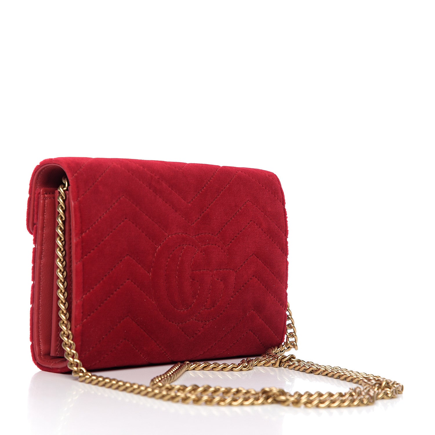 Gucci Velvet Matelasse GG Marmont Chain Wallet Hibiscus Red 2 of 8