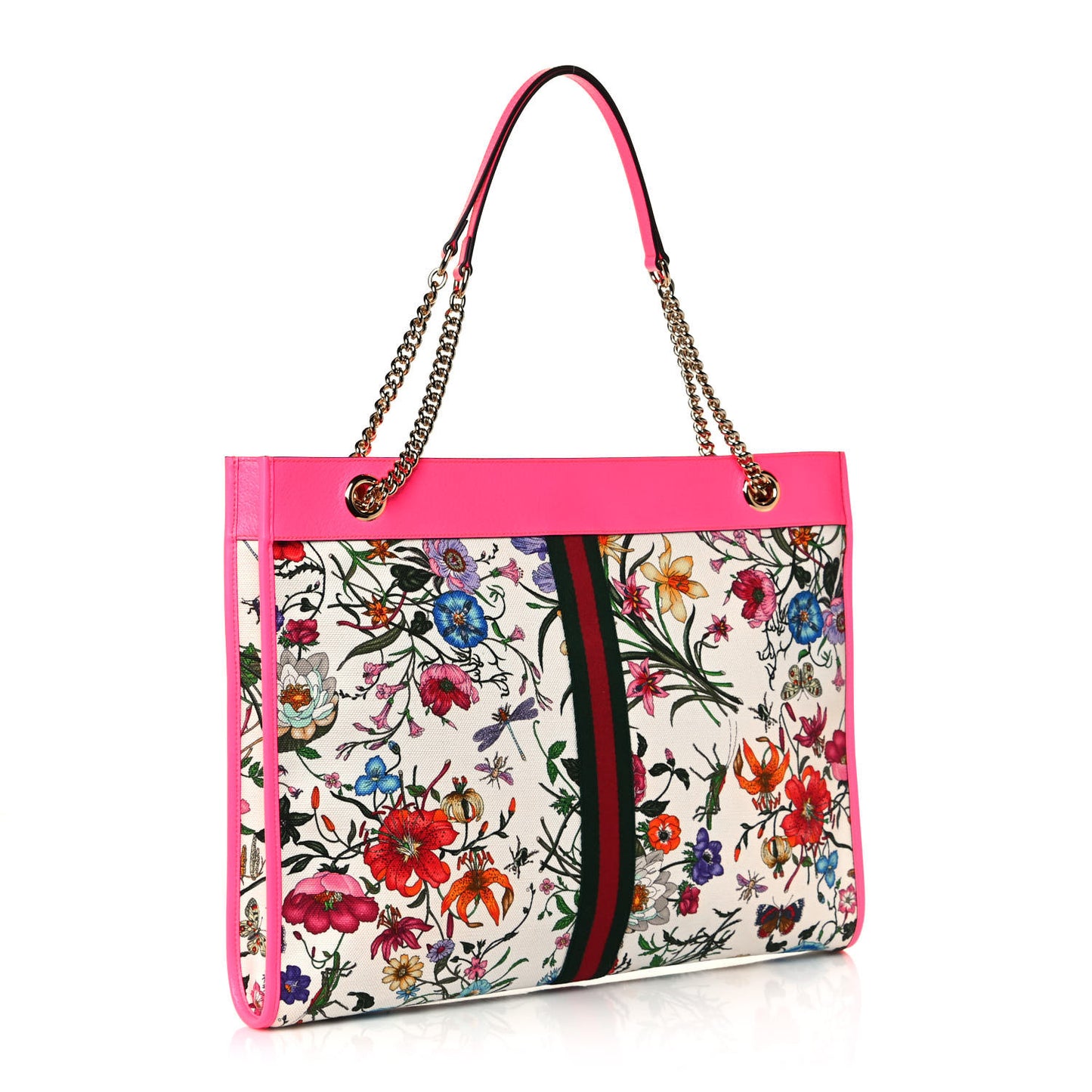 Canvas Flora Large Rajah Chain Tote White Multicolor Fuxia Fluo