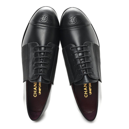 Chanel Calfskin Elastic Lace Up Cap Toe CC Loafers 36.5 Black 2 of 9