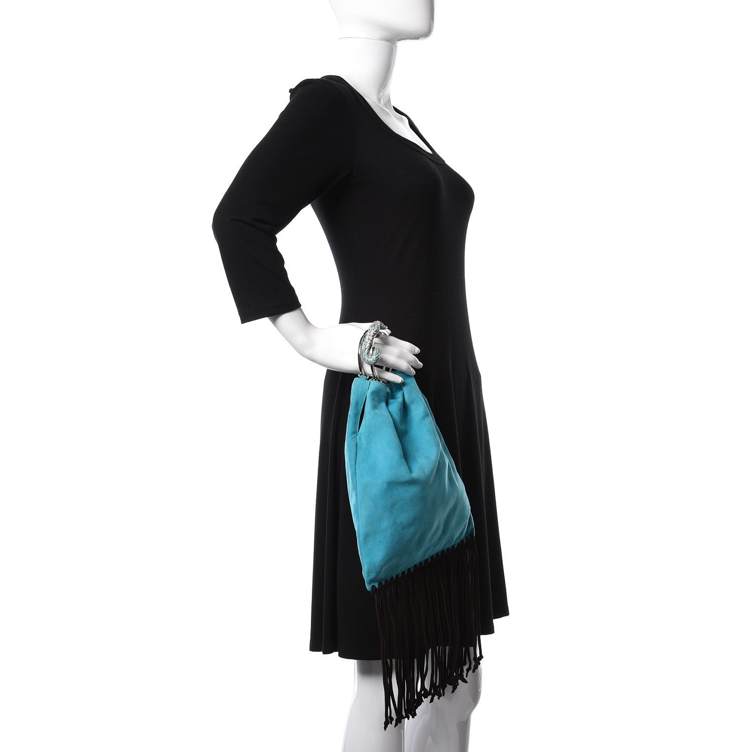 Valentino Garavani Suede Fringe Crystal Snake Ring Evening Bag Turquoise 2 of 11