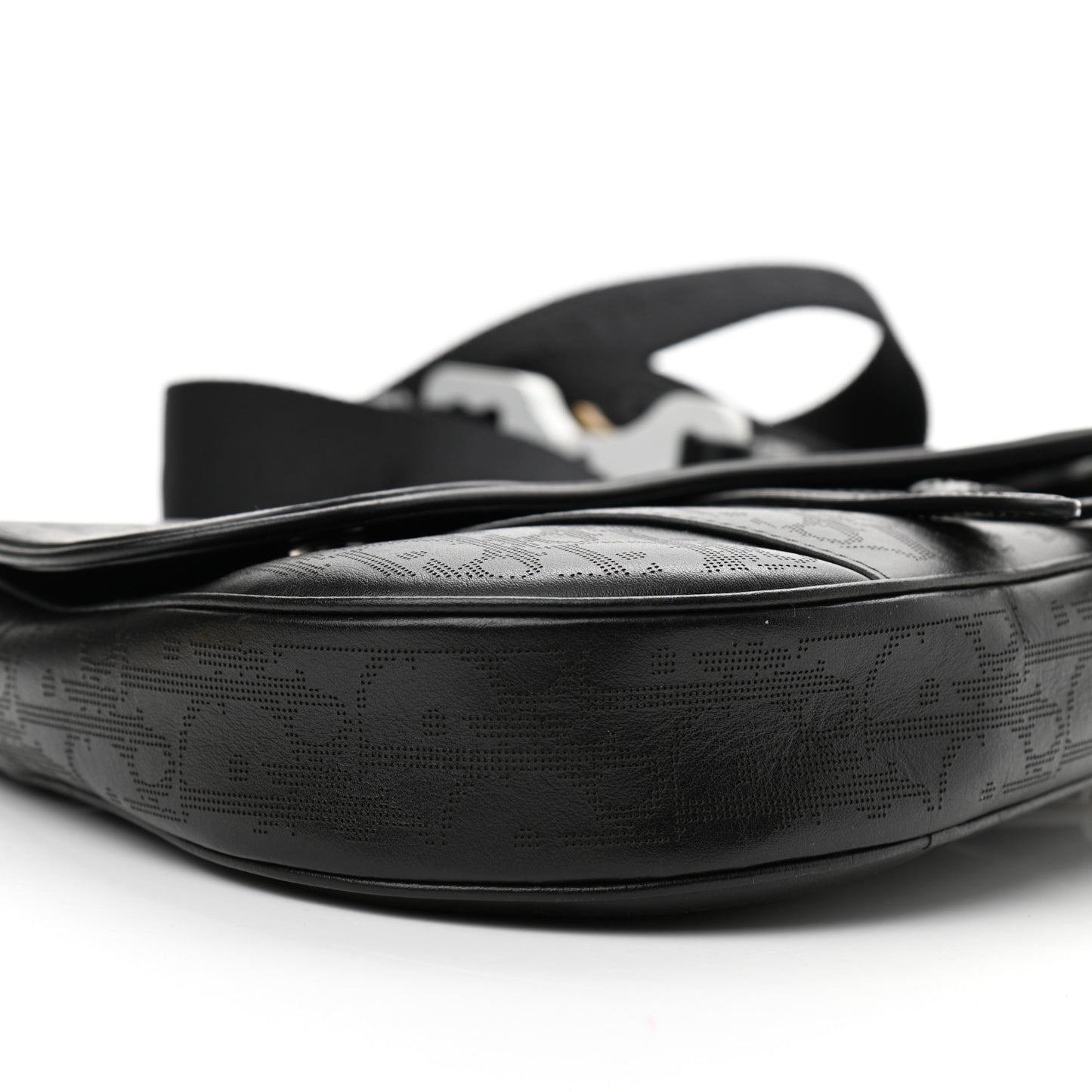 Calfskin Perforated Oblique Galaxy Mens Saddle Bag Black