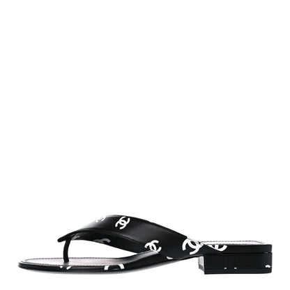 Chanel Lambskin Printed CC Thong Sandals 39 Black White 1 of 9