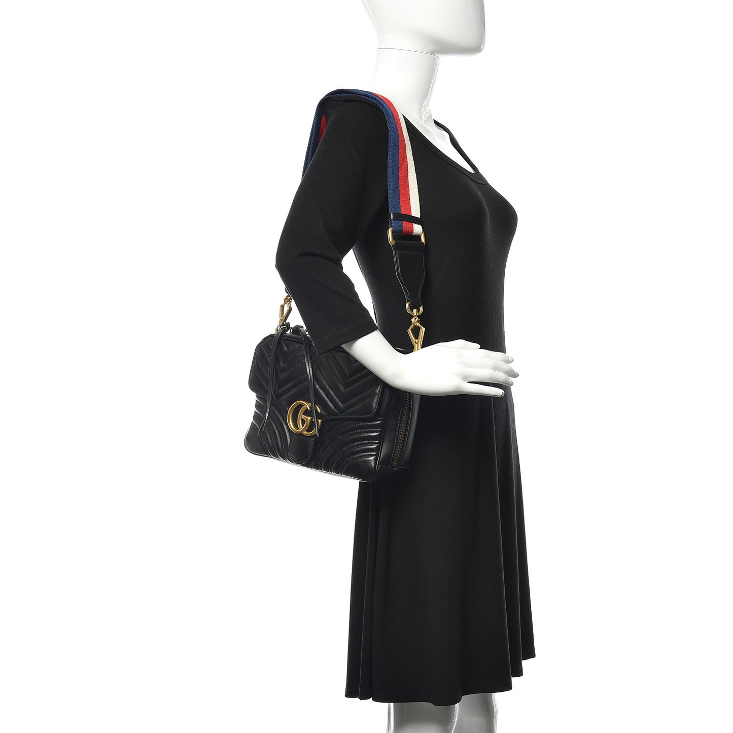 Calfskin Matelasse Sylvie Web Small GG Marmont Top Handle Shoulder Bag Black