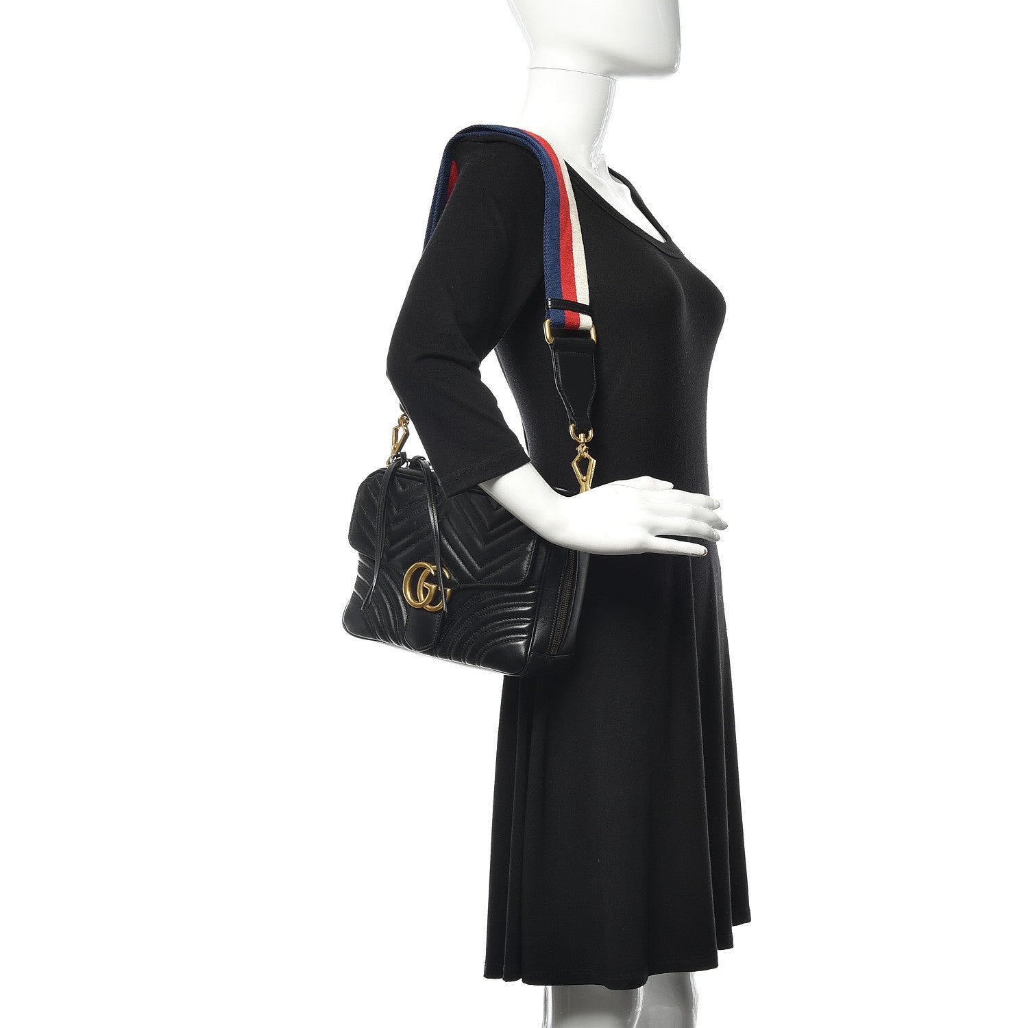 Gucci Calfskin Matelasse Sylvie Web Small GG Marmont Top Handle Shoulder Bag Black 2 of 10