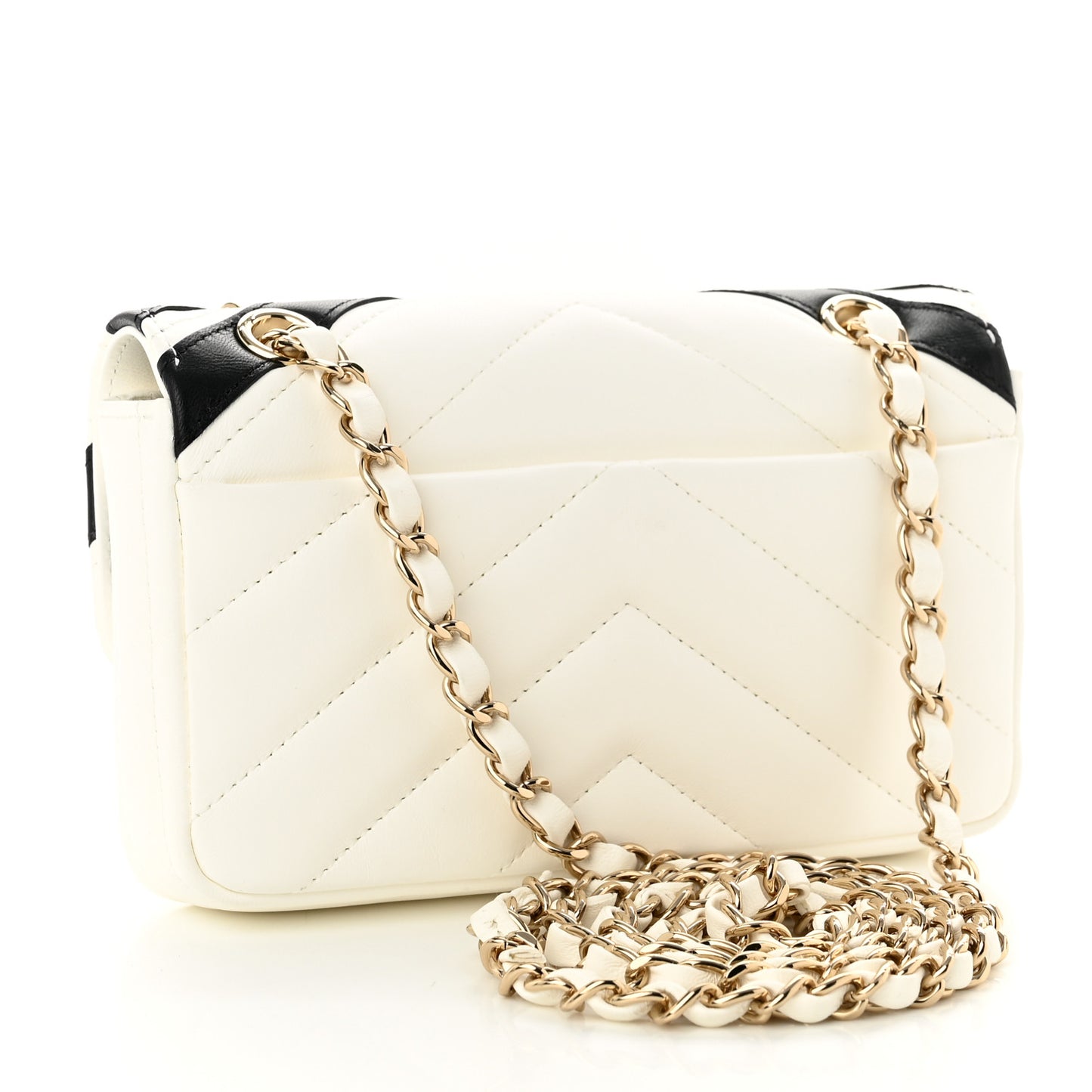 Lambskin Chevron Stitched Flap White Black