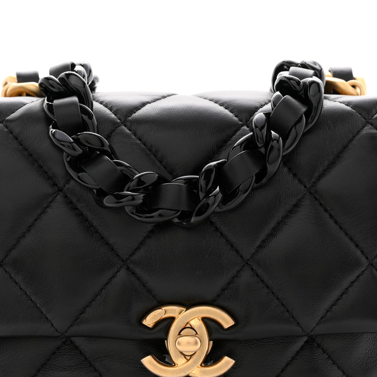 Lambskin Quilted Mini Lacquered Chain Flap Black