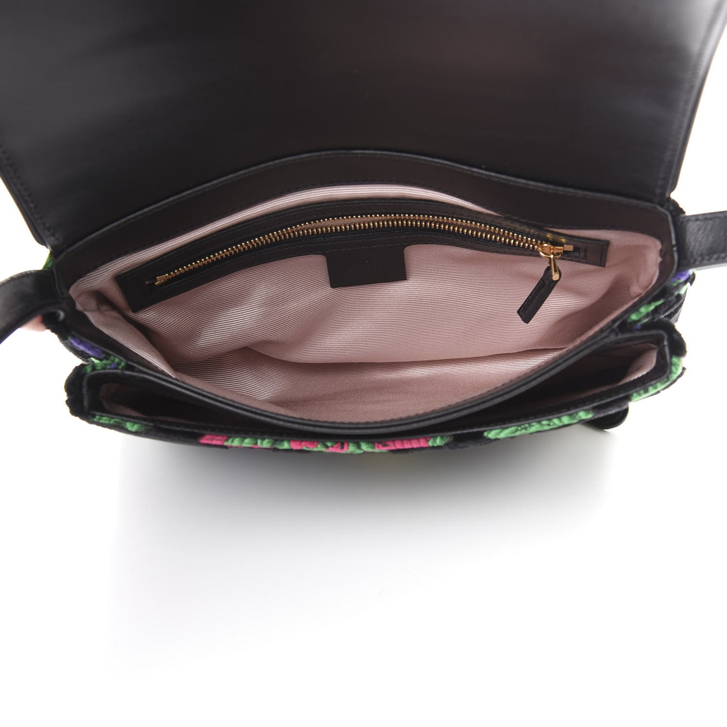 Velvet Jacquard Floral Embroidered Medium Arli Flap Shoulder Bag Black Green Multicolor