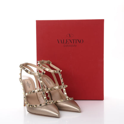 Valentino Garavani Metallic Pebbled Calfskin Rockstud Ankle Strap 100mm Pumps 37 Skin 11 of 11