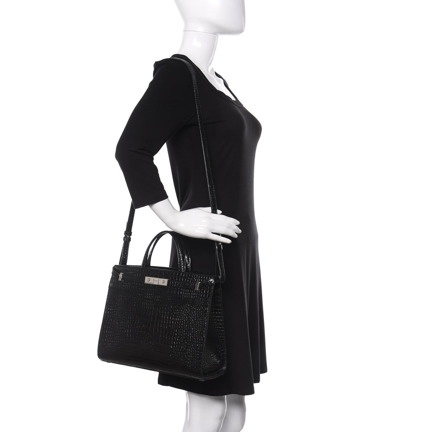 Shiny Calfskin Crocodile Embossed Small Manhattan Shopper Tote Black