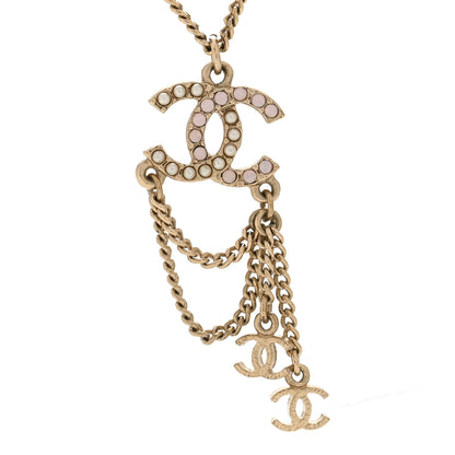 Chanel Pearl Crystal CC Chain Necklace Gold Pink 4 of 6