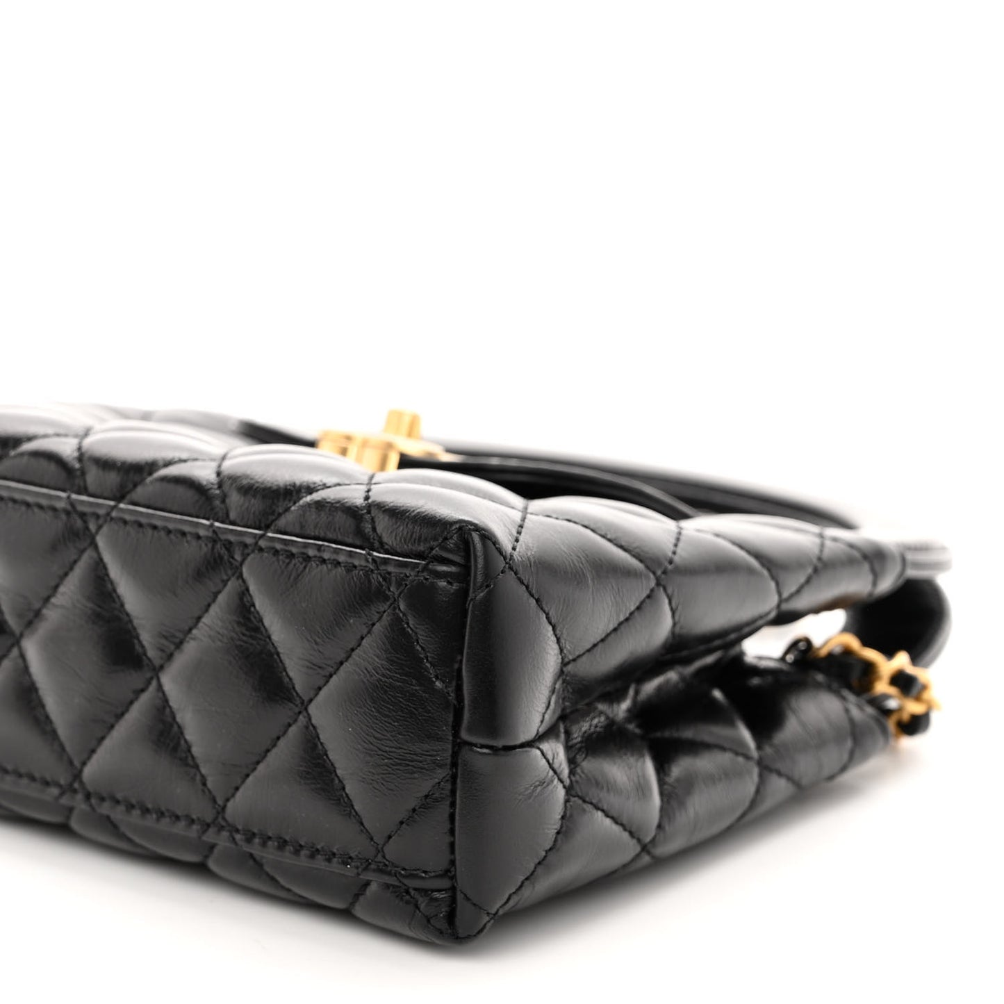 Shiny Aged Calfskin Quilted Nano Kelly Shopper Black